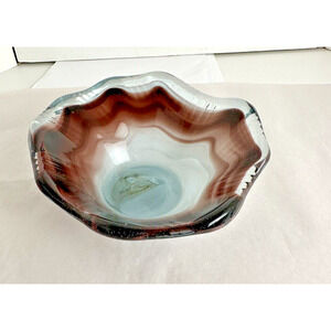 Decorative Bowl Italy Hand Blown Purple White Clear Geo. Design Scalloped